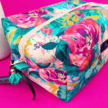 Load image into Gallery viewer, Teal and Pink Floral Large Box Cosmetic Bag.