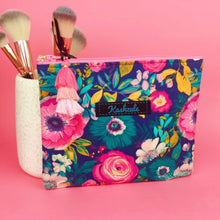 Load image into Gallery viewer, Navy and Pink Floral Small Clutch, Small makeup bag.