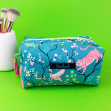 Load image into Gallery viewer, Teal Pandas and Tigers Large Box Cosmetic Bag. Teal Makeup Bag - Kashzale Cosmetic Bags