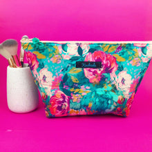 Load image into Gallery viewer, Teal and Pink Floral Large Makeup Bag.