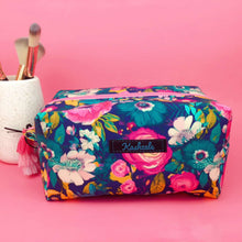 Load image into Gallery viewer, Navy and Pink Floral Large Box Cosmetic Bag.