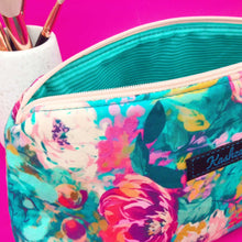 Load image into Gallery viewer, Teal and Pink Floral Medium Makeup Bag.