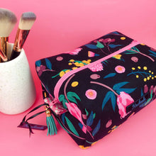 Load image into Gallery viewer, Protea Large Box Cosmetic Bag. Black and Pink