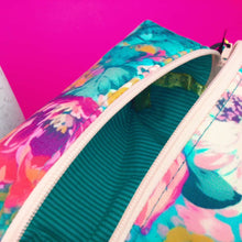 Load image into Gallery viewer, Teal and Pink Floral Medium Box Makeup Bag.