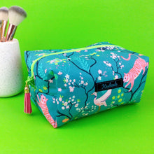 Load image into Gallery viewer, Teal Pandas and Tigers Large Box Cosmetic Bag. Teal Makeup Bag - Kashzale Cosmetic Bags