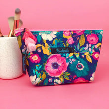Load image into Gallery viewer, Navy and Pink Floral Medium Cosmetic Bag.