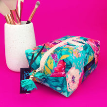 Load image into Gallery viewer, Teal and Pink Floral Medium Box Makeup Bag.