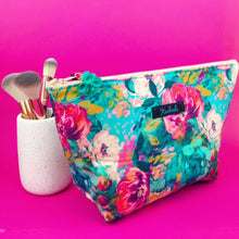 Load image into Gallery viewer, Teal and Pink Floral Large Makeup Bag.
