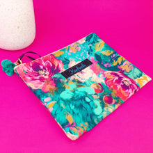 Load image into Gallery viewer, Teal and Pink Floral Small Clutch, Small makeup bag.