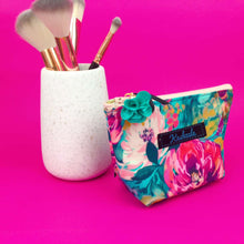 Load image into Gallery viewer, Teal and Pink Floral Small Makeup Bag.