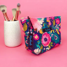 Load image into Gallery viewer, Navy and Pink Floral Medium Cosmetic Bag.
