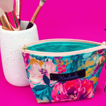 Load image into Gallery viewer, Teal and Pink Floral Small Makeup Bag.