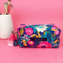 Load image into Gallery viewer, Navy and Pink Floral Medium Box Makeup Bag.
