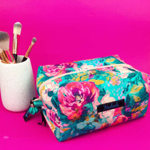 Load image into Gallery viewer, Teal and Pink Floral Large Box Cosmetic Bag.
