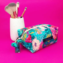 Load image into Gallery viewer, Teal and Pink Floral Medium Box Makeup Bag.