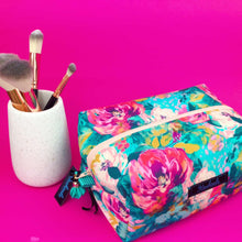 Load image into Gallery viewer, Teal and Pink Floral Large Box Cosmetic Bag.
