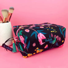 Load image into Gallery viewer, Protea Large Box Cosmetic Bag. Black and Pink