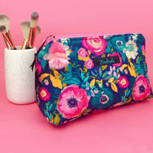 Load image into Gallery viewer, Navy and Pink Floral Medium Makeup Bag.