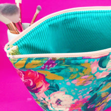 Load image into Gallery viewer, Teal and Pink Floral Large Makeup Bag.