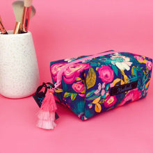 Load image into Gallery viewer, Navy and Pink Floral Medium Box Makeup Bag.