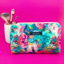 Load image into Gallery viewer, Teal and Pink Floral Medium Makeup Bag.