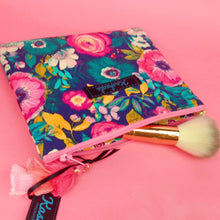 Load image into Gallery viewer, Navy and Pink Floral Small Clutch, Small makeup bag.