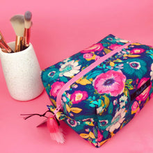 Load image into Gallery viewer, Navy and Pink Floral Large Box Cosmetic Bag.