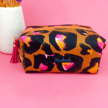 Load image into Gallery viewer, Bronze Leopard Medium Box Makeup Bag. Kasey Rainbow Design. - Kashzale Cosmetic Bags