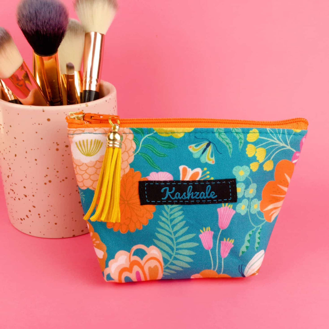 Teal and Peach Floral Small Makeup Bag.