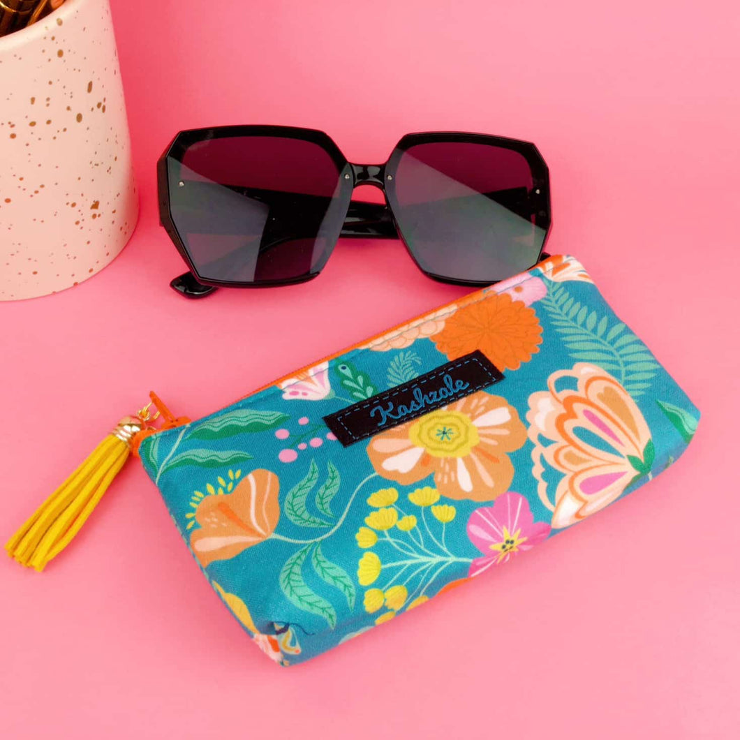 Teal and Peach Floral Sunglasses bag, glasses case.l