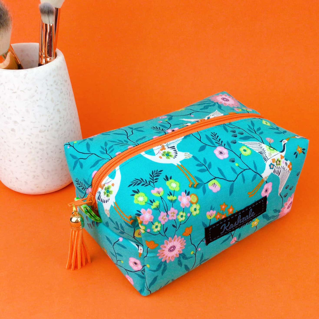 Aqua Cranes Medium Box Makeup Bag. Aqua Makeup Bag - Kashzale Cosmetic Bags