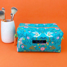 Load image into Gallery viewer, Aqua Cranes Large Box Cosmetic Bag. Aqua Makeup Bag
