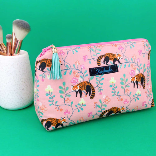 Red Panda Medium Makeup Bag.  Coral Makeup Bag. - Kashzale Cosmetic Bags