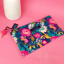 Load image into Gallery viewer, Navy and Pink Floral Zipper Pouch, Travel Pouch.
