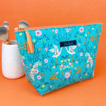 Load image into Gallery viewer, Aqua Cranes Large Makeup Bag. Aqua Makeup Bag
