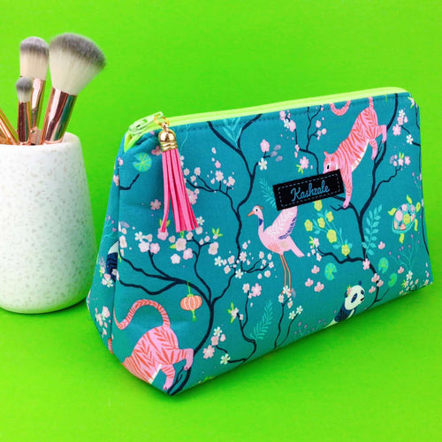 Teal Pandas and Tigers Medium Makeup Bag. Teal Makeup Bag. - Kashzale Cosmetic Bags