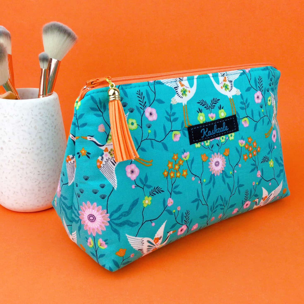 Aqua Cranes Medium Makeup Bag. Aqua Makeup Bag. - Kashzale Cosmetic Bags