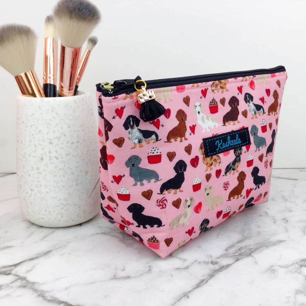 Dachshund Medium Cosmetic Bag. Pink