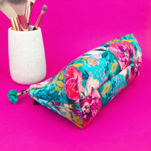 Load image into Gallery viewer, Teal and Pink Floral Medium Makeup Bag.
