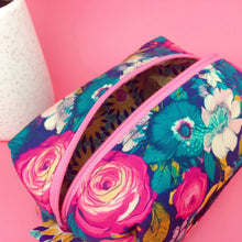 Load image into Gallery viewer, Navy and Pink Floral Medium Box Makeup Bag.
