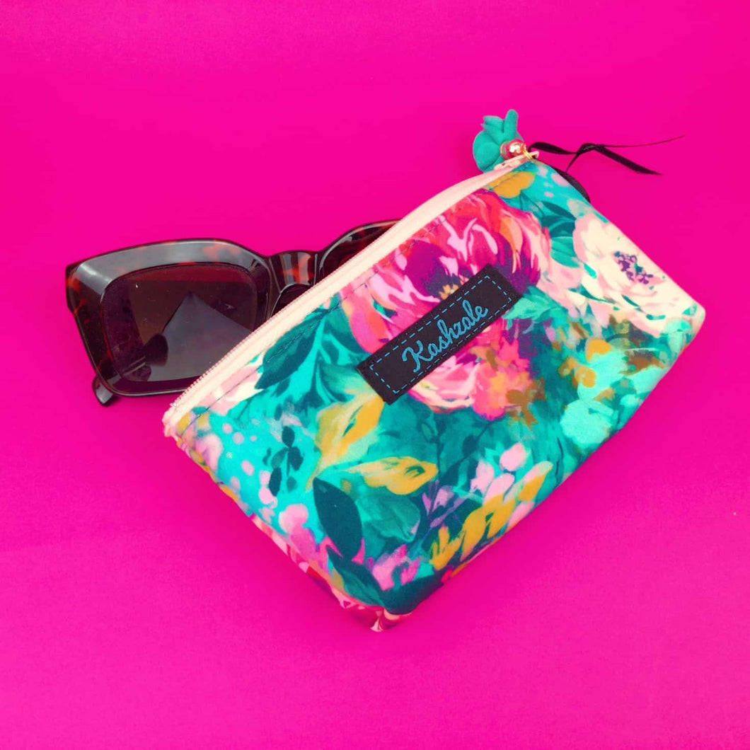 Teal and Pink Floral Sunglasses bag, glasses case.