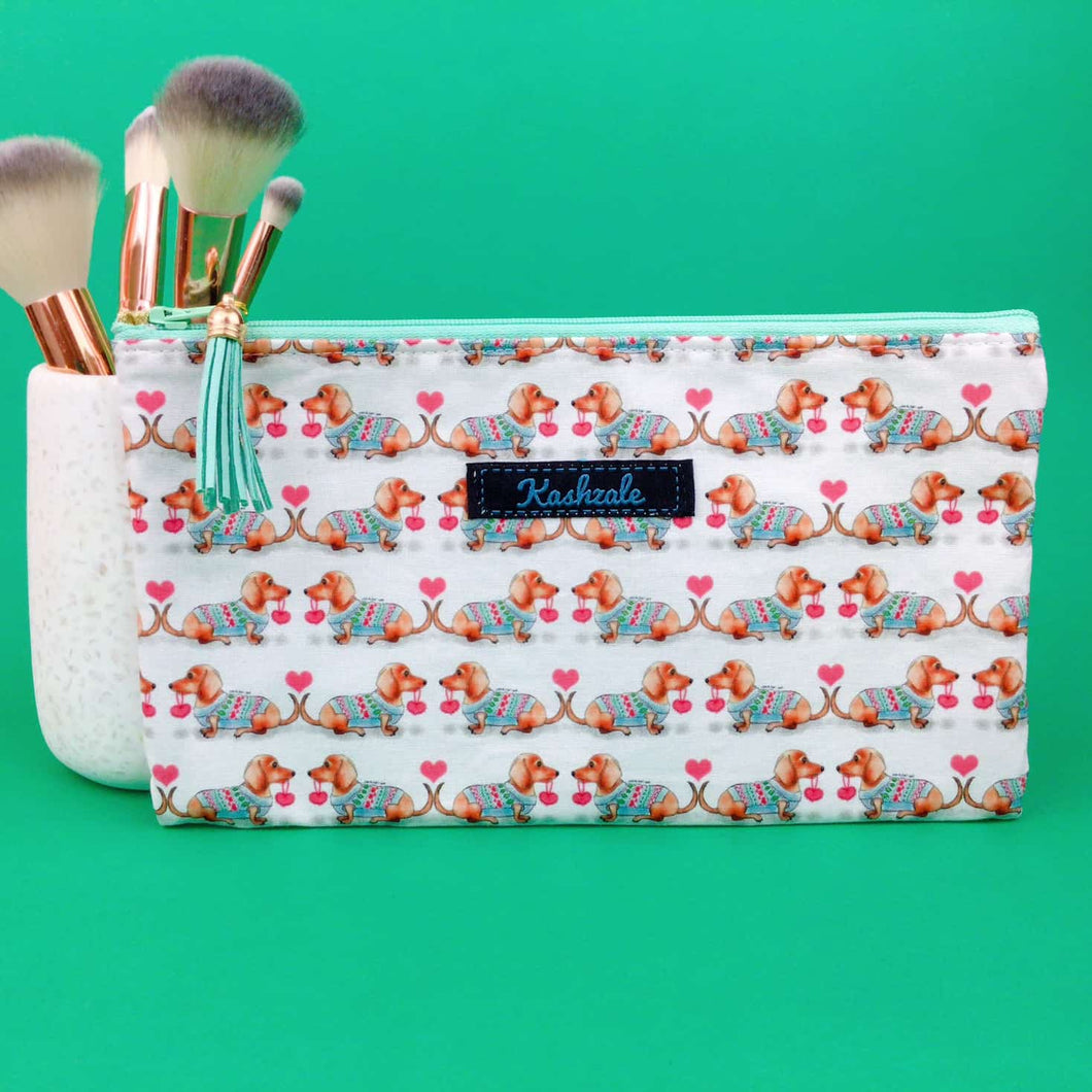 Dachshund Zipper Pouch, Travel Pouch. White