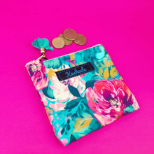 Load image into Gallery viewer, Teal and Pink Floral Coin Purse.
