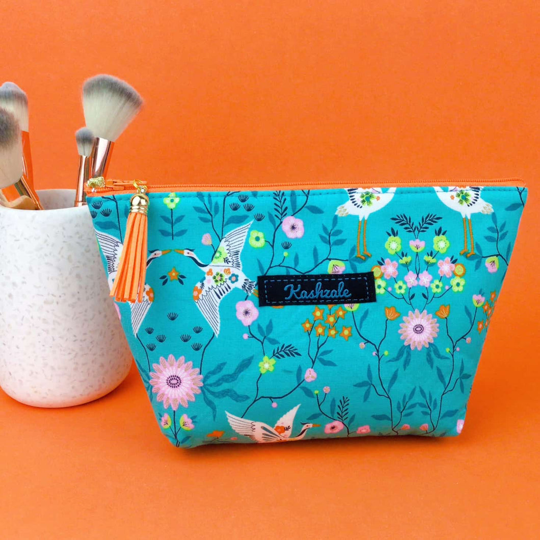 Aqua Cranes Medium Cosmetic Bag. Aqua Cosmetic Bags - Kashzale Cosmetic Bags