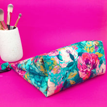 Load image into Gallery viewer, Teal and Pink Floral Large Makeup Bag.
