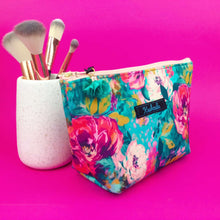 Load image into Gallery viewer, Teal and Pink Floral Medium Cosmetic Bag.
