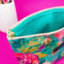 Load image into Gallery viewer, Teal and Pink Floral Medium Cosmetic Bag.
