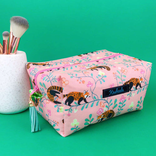 Red Panda Large Box Cosmetic Bag. Coral Makeup Bag. - Kashzale Cosmetic Bags