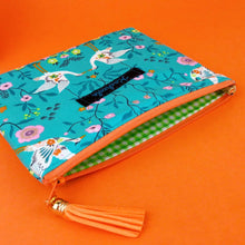 Load image into Gallery viewer, Aqua Cranes Small Clutch, Small makeup bag. Aqua Makeup Bag
