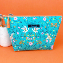 Load image into Gallery viewer, Aqua Cranes Large Makeup Bag. Aqua Makeup Bag
